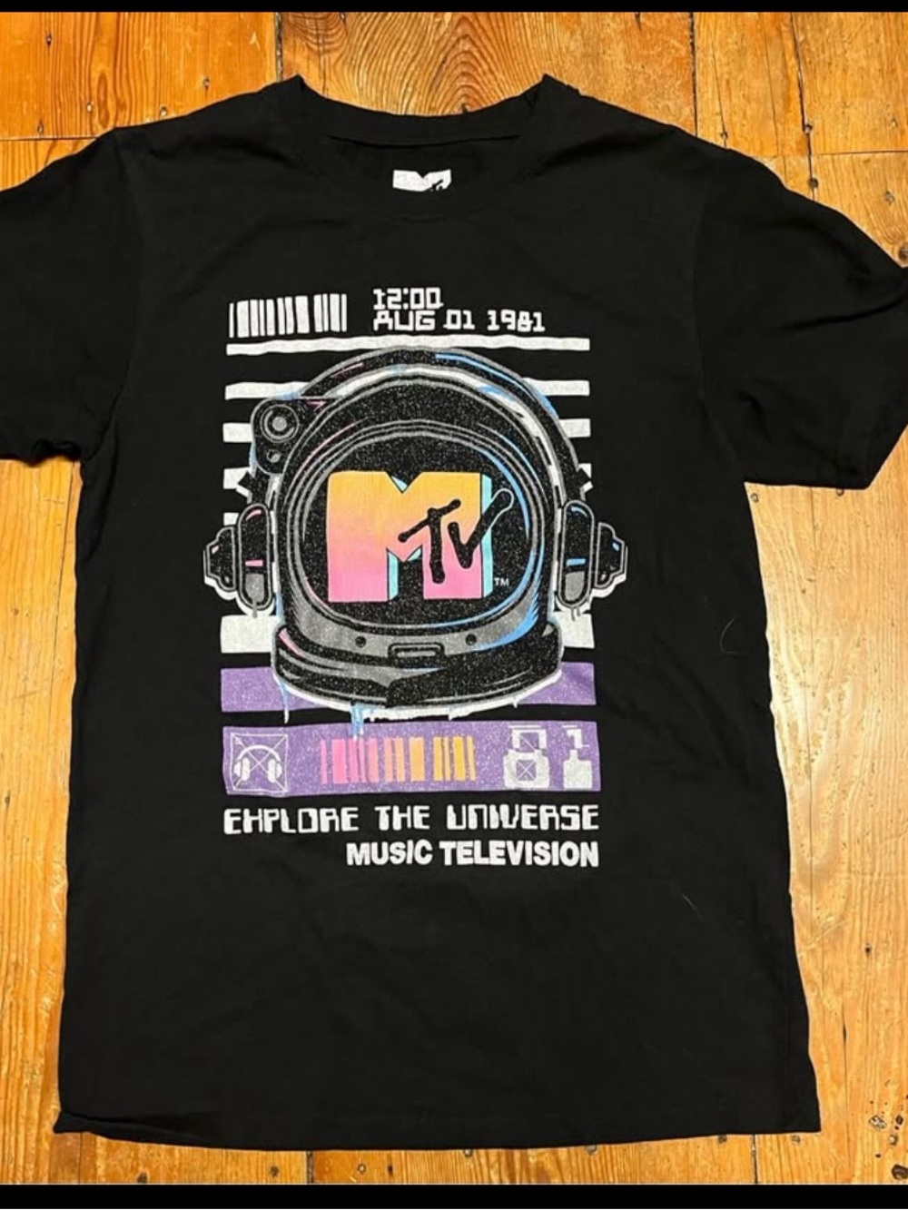 MTV Black Men's Medium Short Sleeve Tee with Multicolor Astronaut Logo